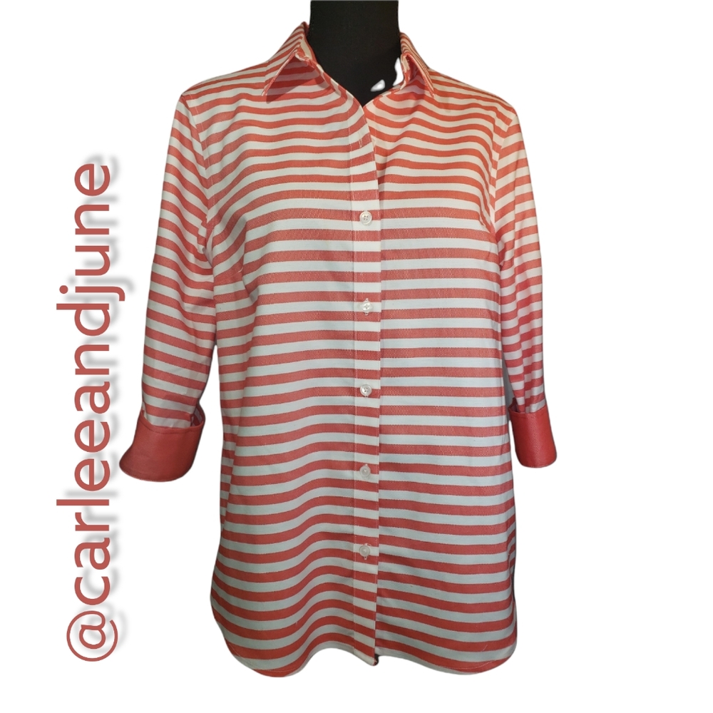 JONES OF NEW YORK WOMENS BLOUSE SIZE M ORANGE & WHITE STRIPES